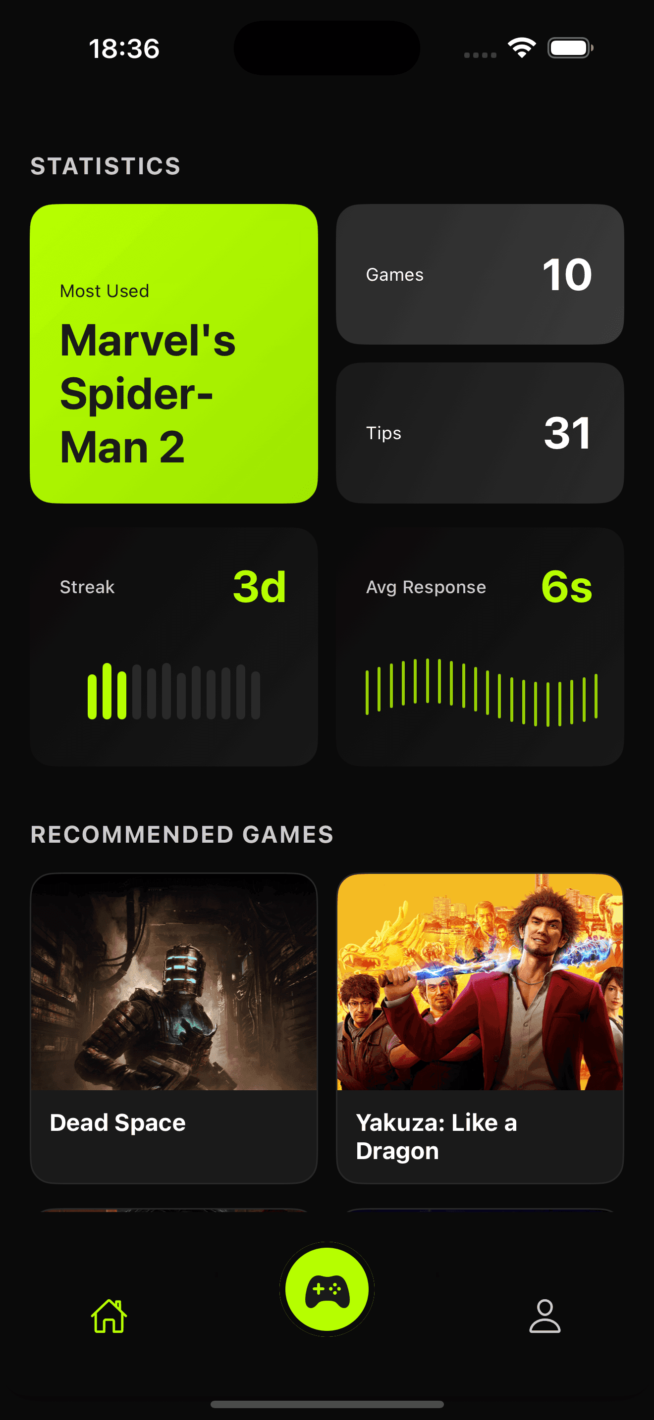 RTFM app statistics screen showing most-used game and recommendations
